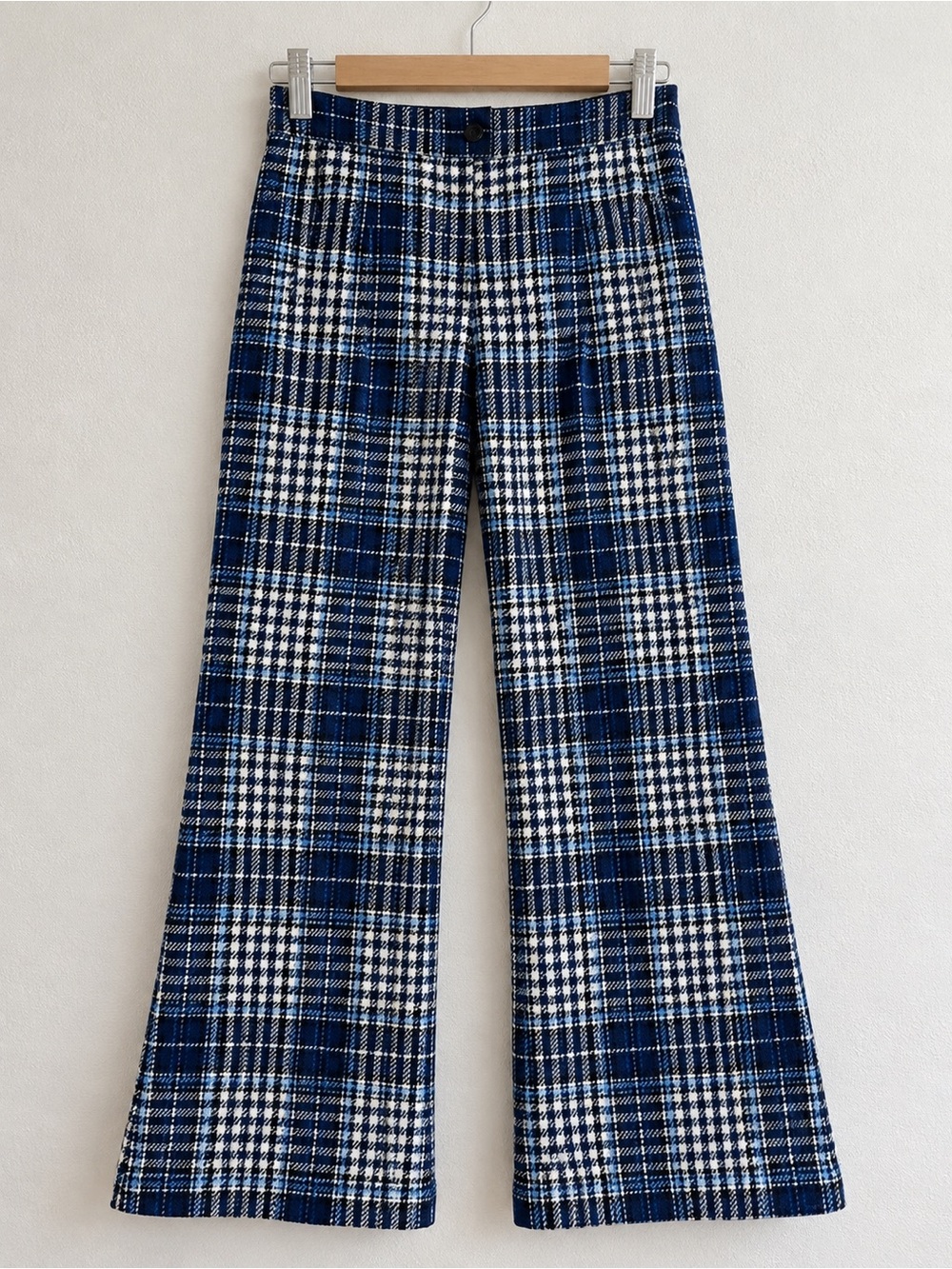 Vintage 60s 70s Blue Plaid Wide Leg Pants Handmade High Waist S/M